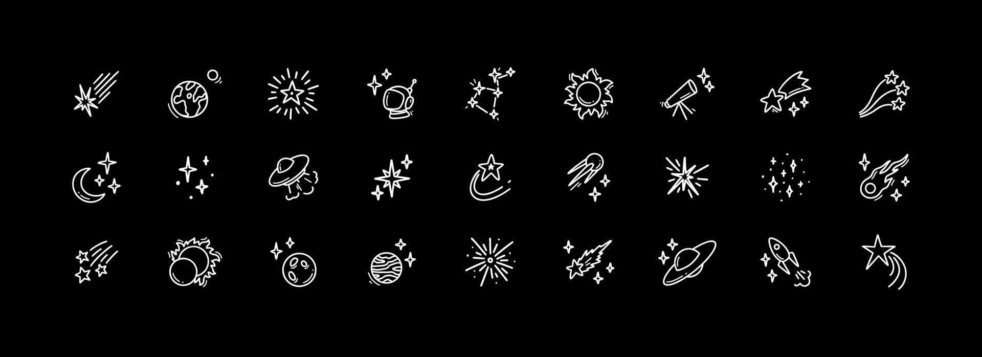 Doodle outer space cosmic icons set. Planets, constellation, spacecraft, rocket hand drawn linear illustration. Falling stars and comets. Alien ship. Astronomy science and astrology concept. vector