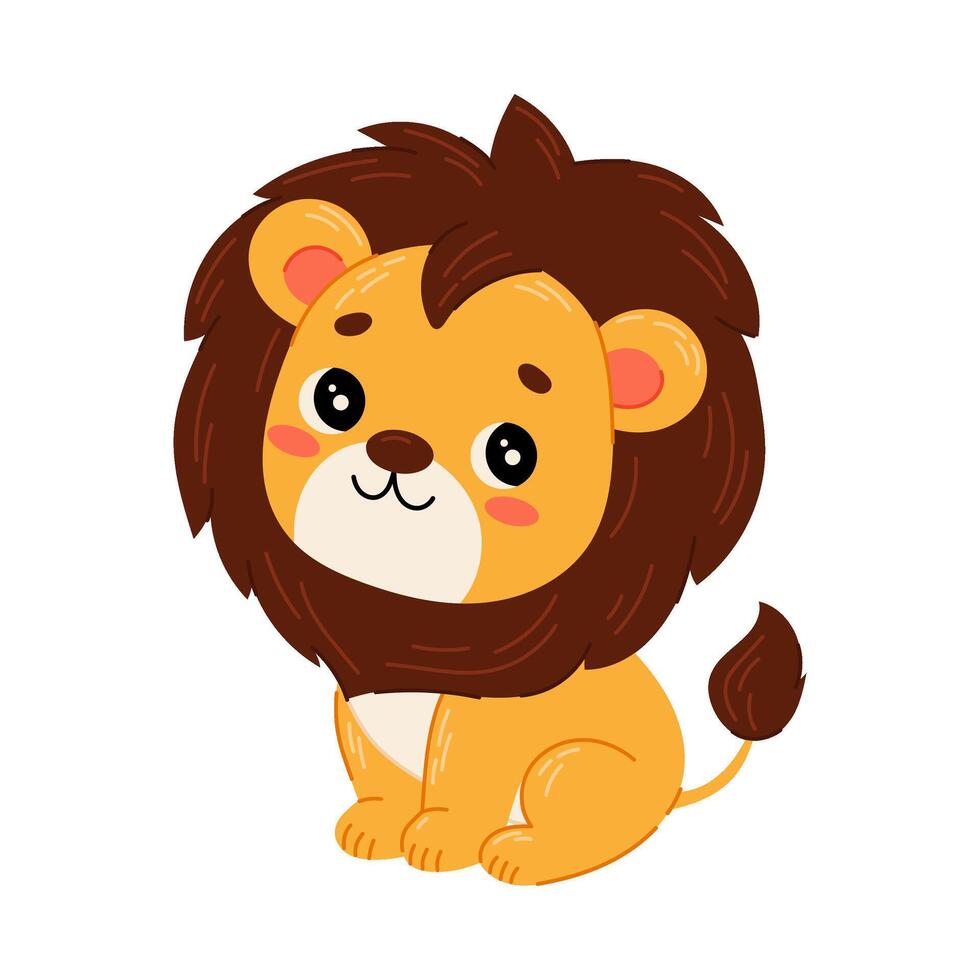 Cute lion in flat style on transparent background. Funny children's character. Wild animals. Safari. vector