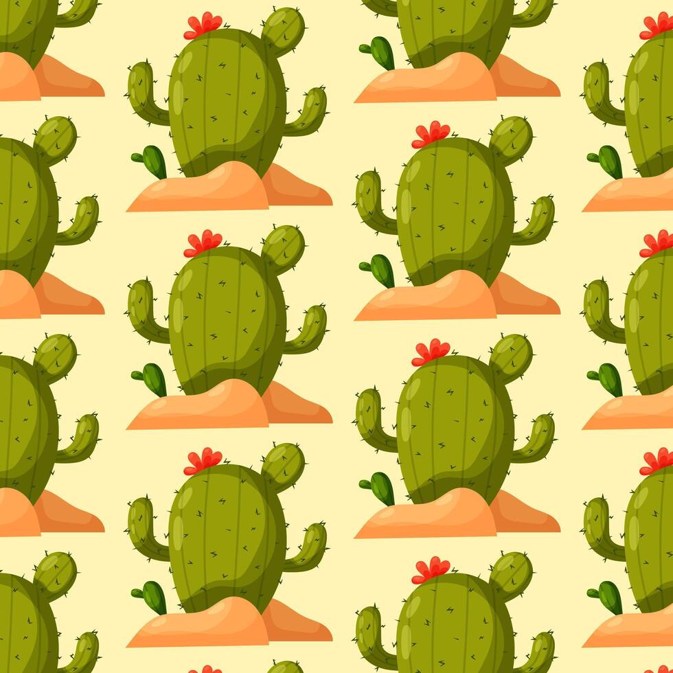 Pattern with cartoon cactus. Blooming cactus. Desert plant. Pattern for textile, wrapping paper, background. vector