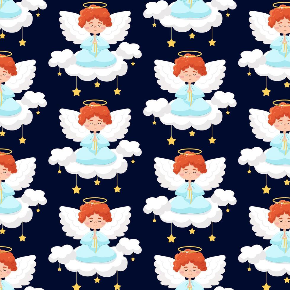 Red angel on a cloud. Cute angel in flat style. Patern with a cute angel on a cloud and stars. Pattern for textile, wrapping paper, background. vector