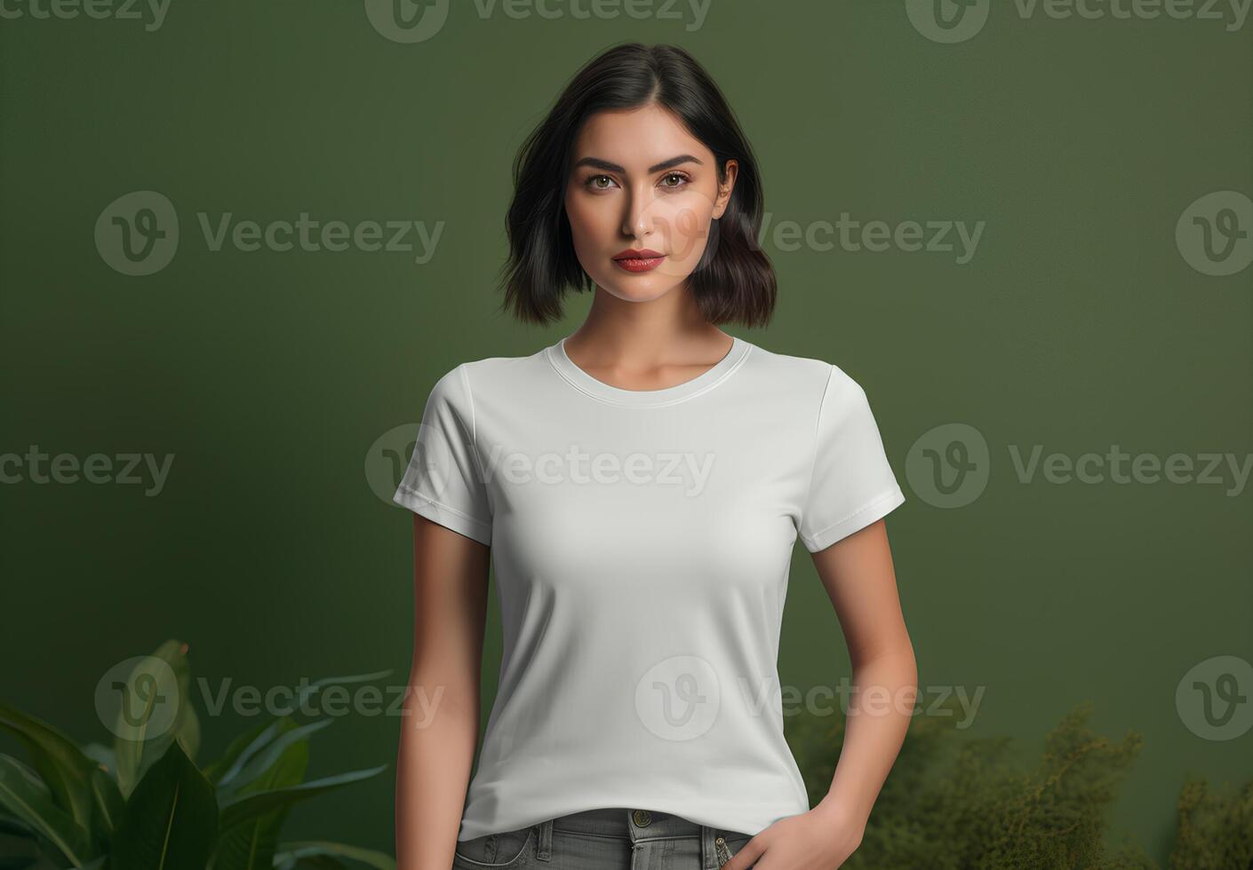 a young girl wear white t shirt mockup on olive green clean background photo
