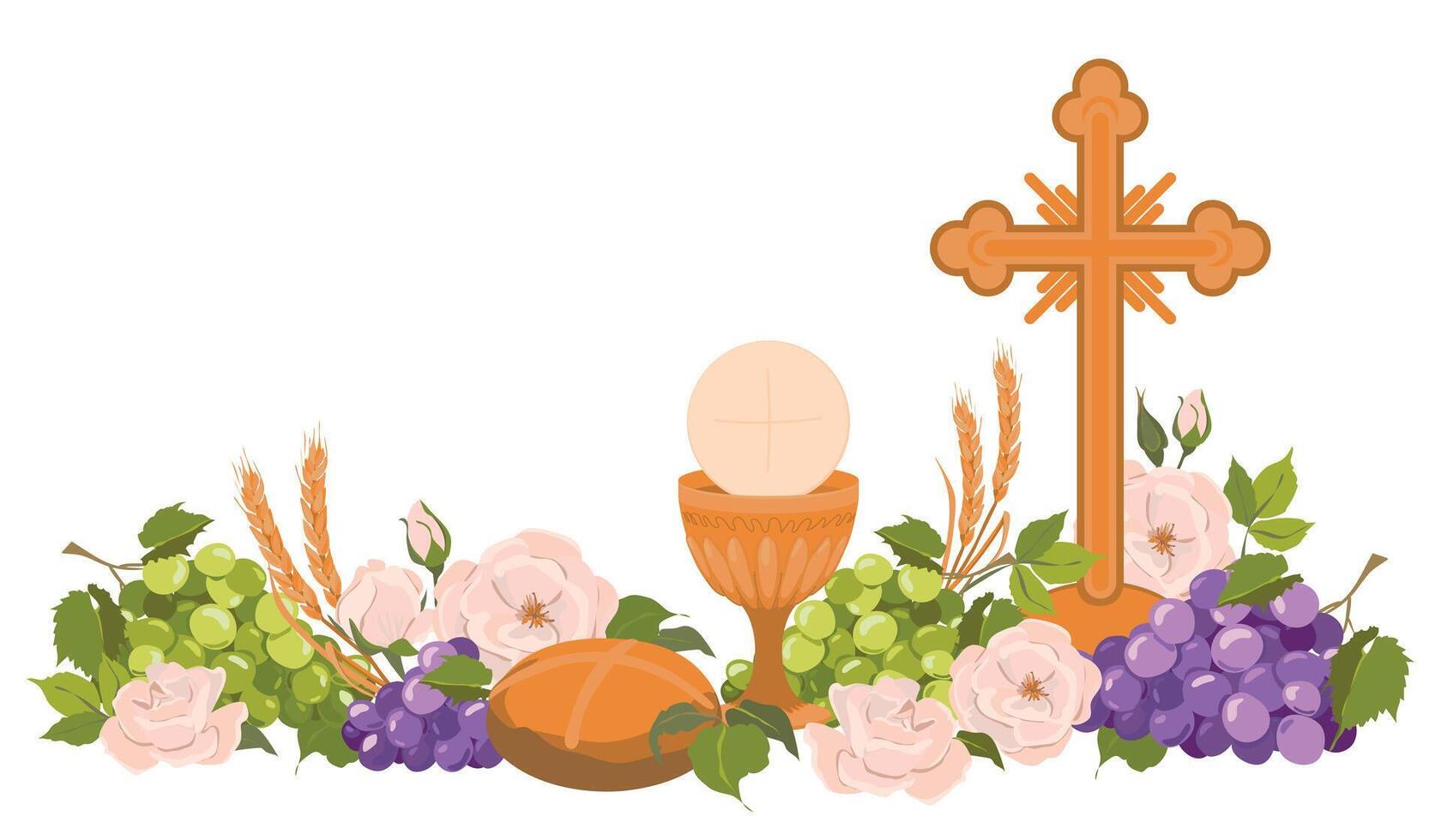 Catholic first communion. . Composition of Christian symbols. Golden cup for wine, crucifix, bread, wine, grapes, white roses. Beautiful design elements for an invitation to the Holy Eucharist. vector