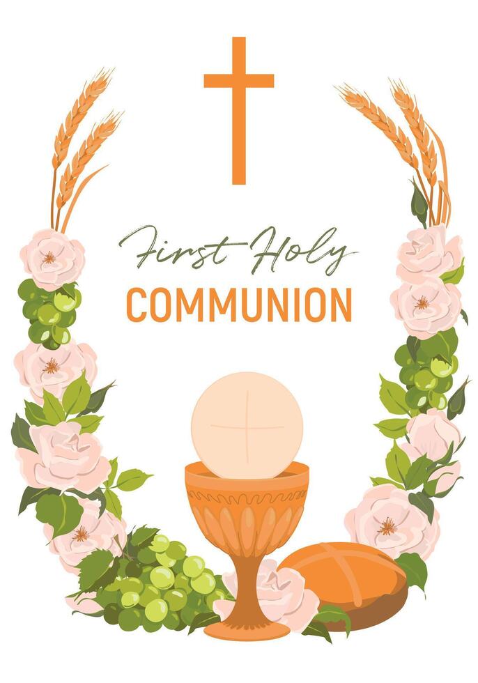 Symbols of the first communion. Golden bowl for wine, crucifix, bread, wine, grapes, white roses. An invitation to celebrate the Eucharist. Festively decorated altar. vector