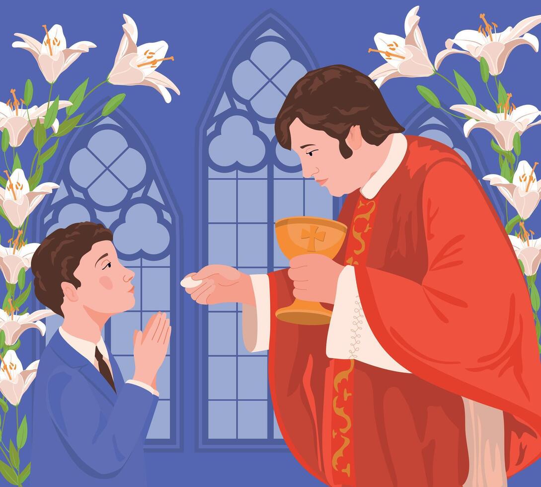 un chico en un azul traje durante el primero comunión. el sacerdote es participación un pan. un ceremonia en el cristiano tradición, un miembro de el Iglesia recibe el eucaristía. vector