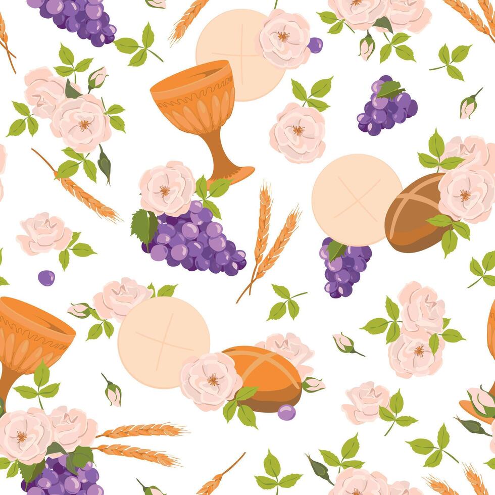 Seamless pattern with symbols of the Christian religion. holy communion elements - chalice, grapes, bread, ears of corn. . Design for fabric, wallpaper, textile. vector