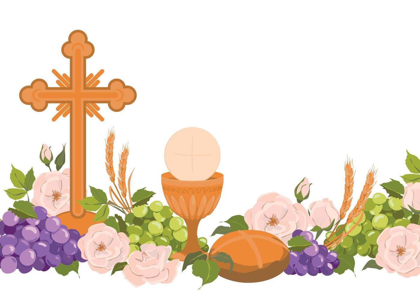 Catholic first communion. . Composition of Christian symbols. Golden cup for wine, crucifix, bread, wine, grapes, white roses. Beautiful design elements for an invitation to the Holy Eucharist. vector