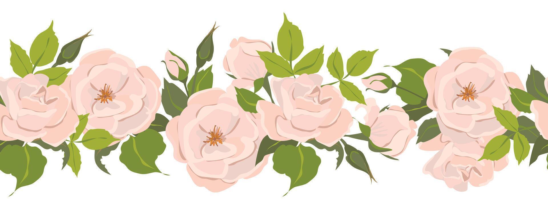 Seamless pattern of pink roses. Floral beautiful border of pastel spring flowers. illustration in flat style for textile design. Retro illustration, Provence style. vector