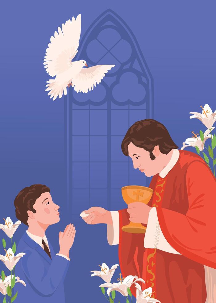 A boy in a suit during the first communion. A priest holds bread, a manifestation of the holy spirit in the form of a white radiant dove. Church member receiving the Eucharist vector