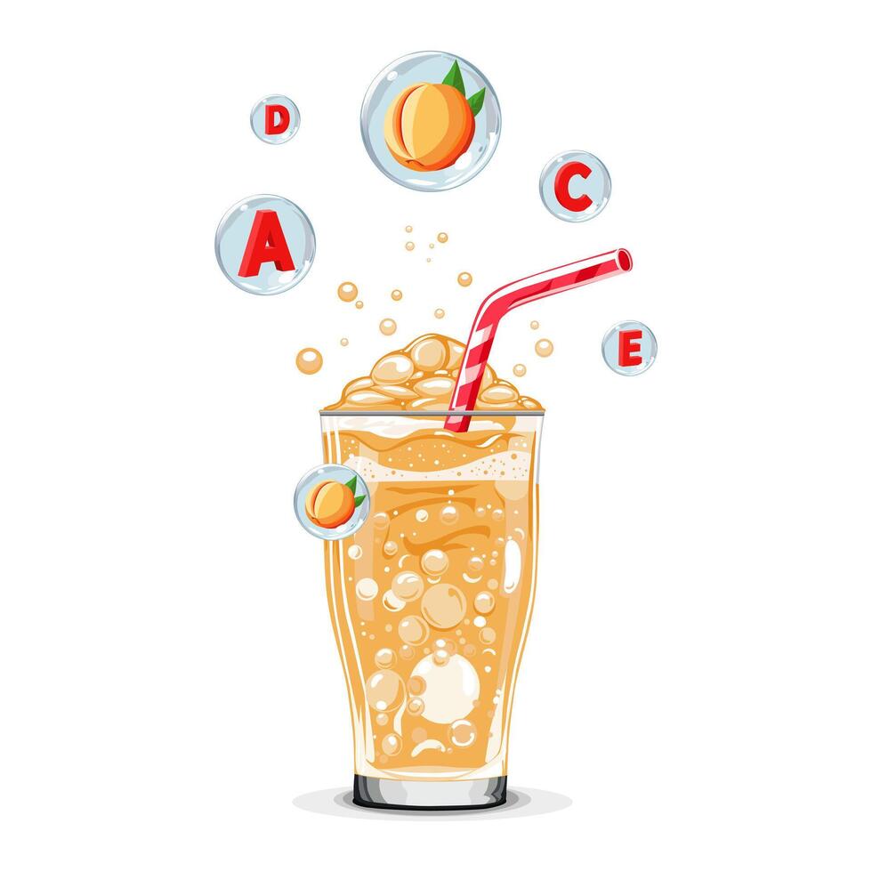 Healthy orange peach oxygen cocktail with air bubbles. Isolated illustration on white background. Summer drink for flat design of cards, flyer, banner, presentations, logo, sale, poster vector
