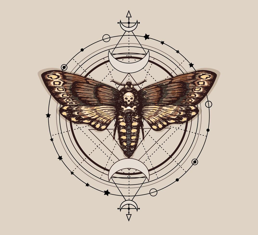 Death head hawk moth and sacred geometry lines. Witchcraft, occult attributes, alchemical signs. Moth design tattoo sketch vector