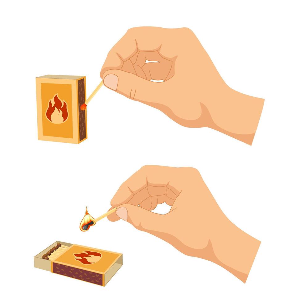 illustration of person s hand lights a match using matchbox, striking. Hand holding burning wooden match stick. Fire safety. Lighting concept vector