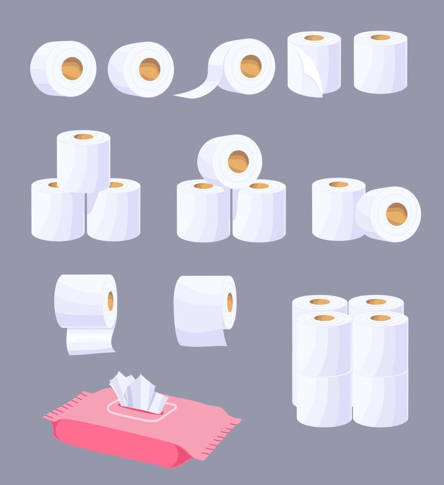 Cartoon wet wipes, toilet paper roll set. Papers tissue box. Roll paper white. Cute cartoon tissue paper set, roll box, use for toilet, bathroom, kitchen vector