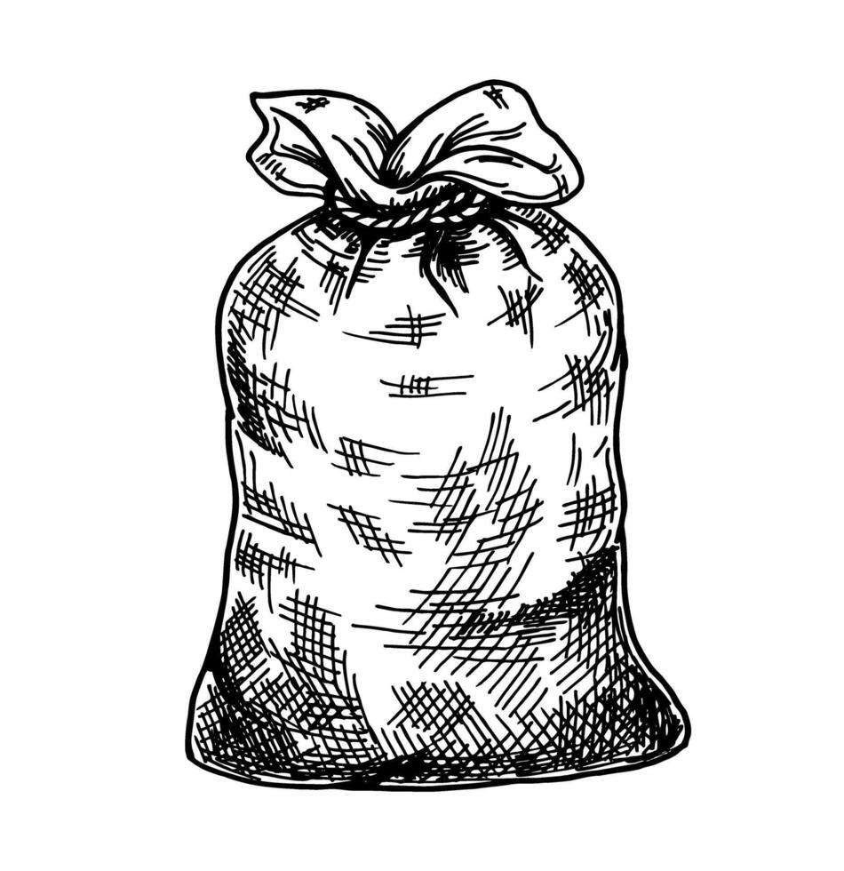 A full canvas bag with flour or grain, tied with a rope at the top. Full sack. Sack of flour. Sack of money. Gift bag. Hand drawn sketch vector