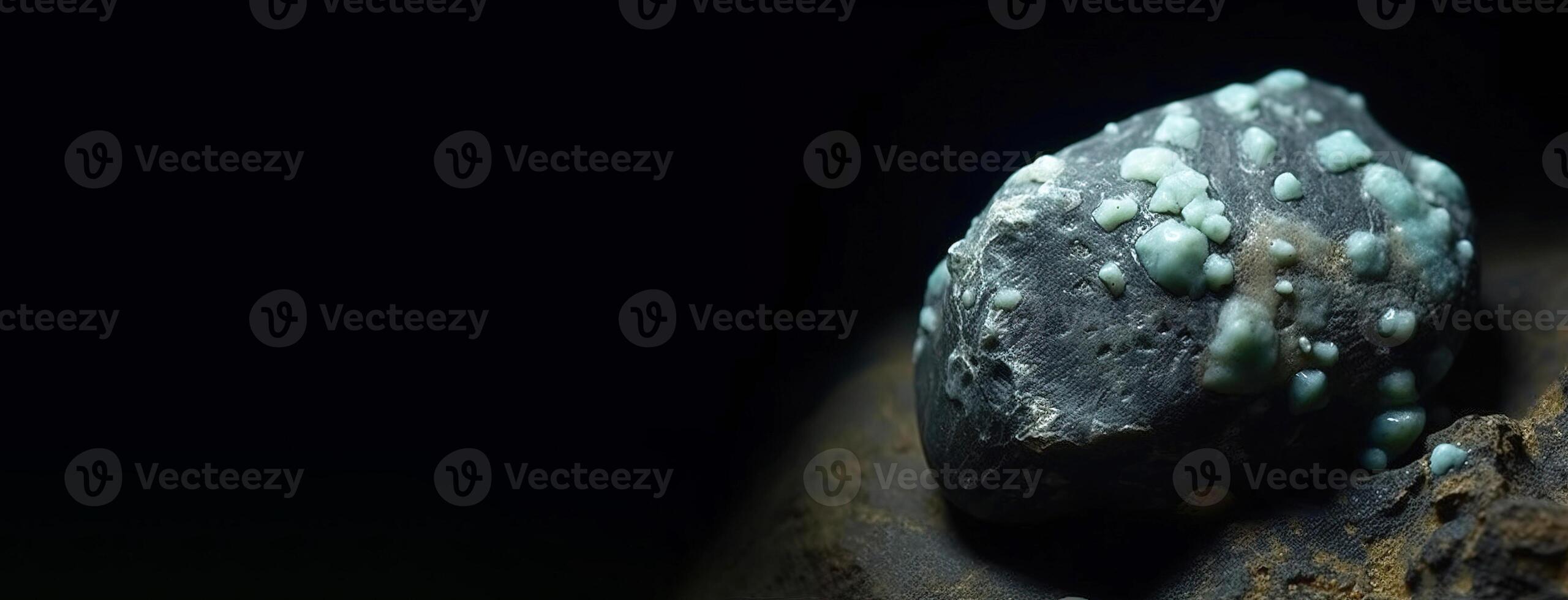 Strashimirite is rare precious natural stone on black background. . Header banner mockup with space. photo