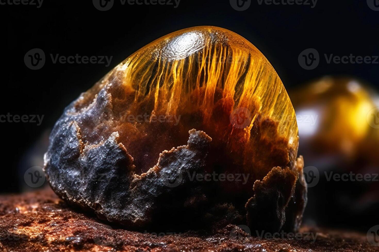 Cacoxenite fossil mineral stone. Geological crystalline fossil. Dark background close-up. photo