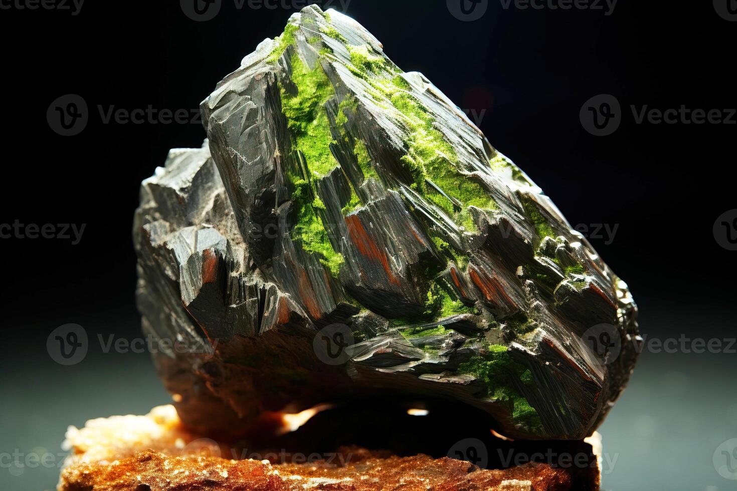 Cuprosklodowskite fossil mineral stone. Geological crystalline fossil. Dark background close-up. photo