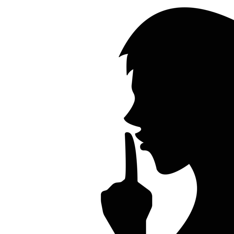 Man from side view with hand finger in front of mouth. Ssshhh please be quiet shadow silhouette illustration isolated on white background. Simple flat whisper poster drawing for prints. vector