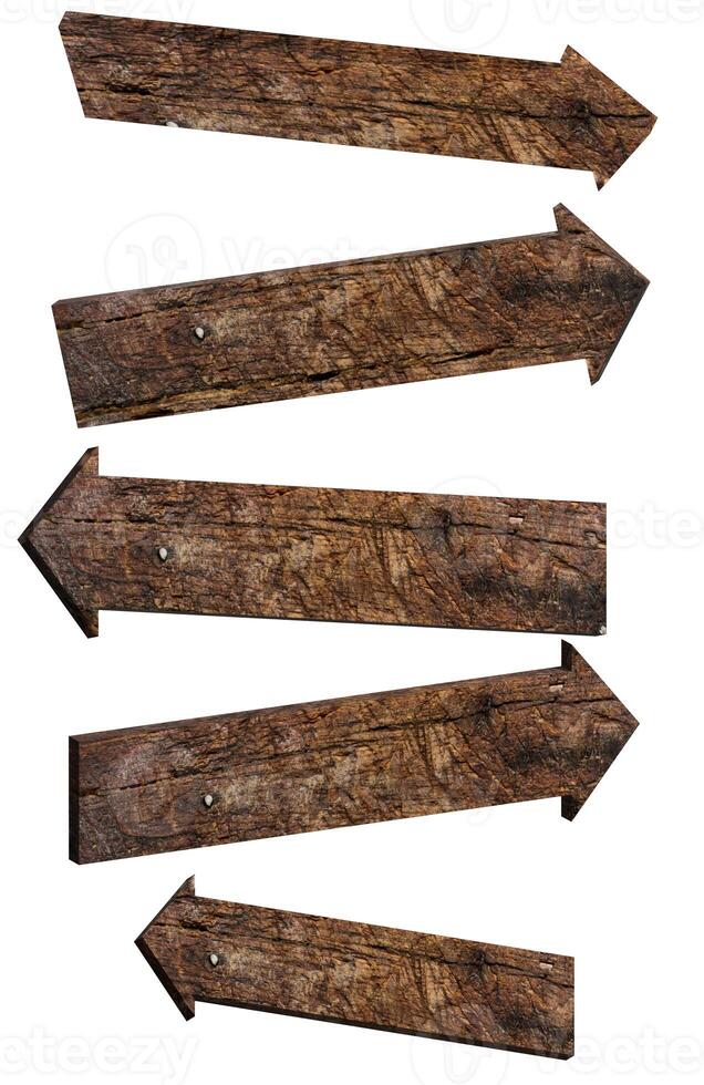 Brown wooden arrows with different directions on isolated background photo
