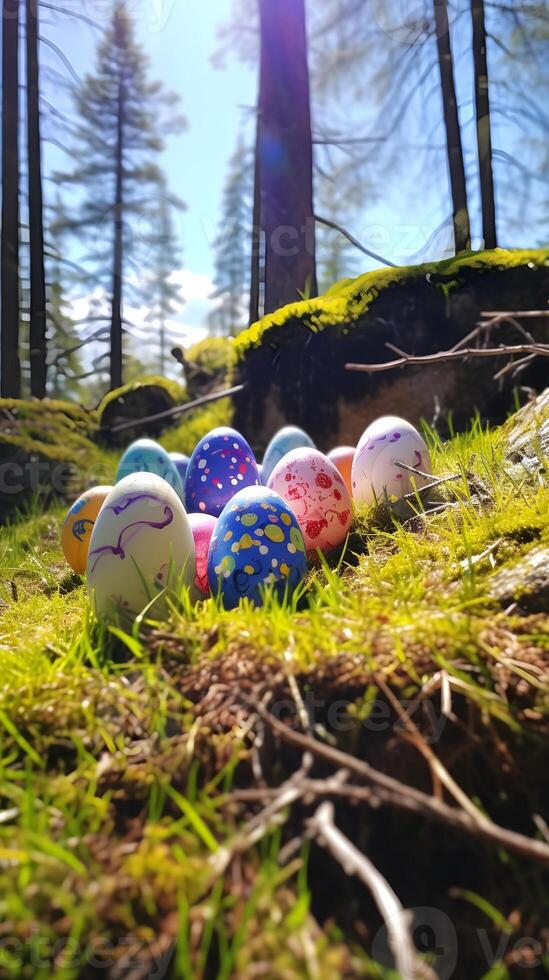 Colorful eggs in the forest. Easter egg concept, Spring holiday photo