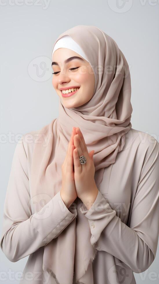 European woman wearing scarf is praying and smiling on grey background photo