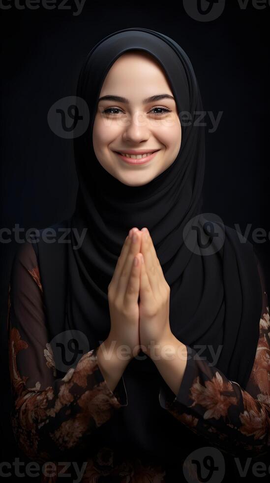 European woman wearing scarf is praying and smiling on black background photo