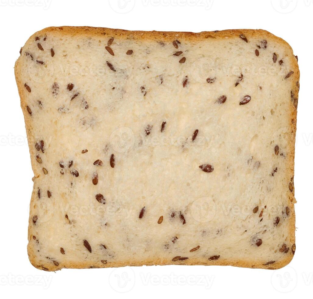 Square piece of wheat flour bread with flax seeds on isolated background photo