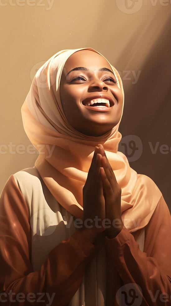 africano mujer vistiendo bufanda es Orando y sonriente en marrón antecedentes foto