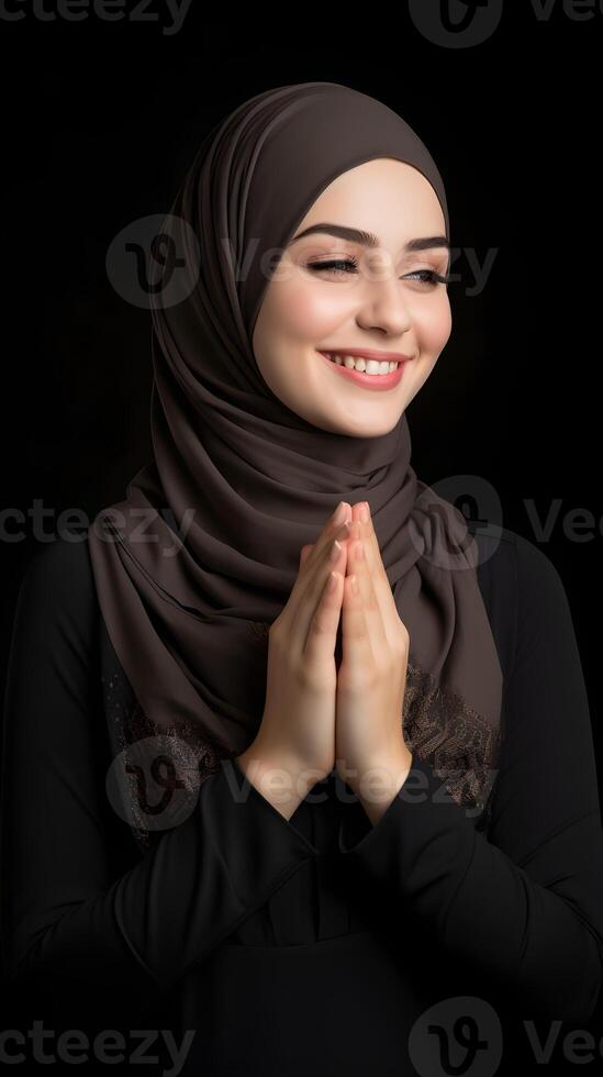 Arabic woman wearing scarf is praying and smiling on black background photo