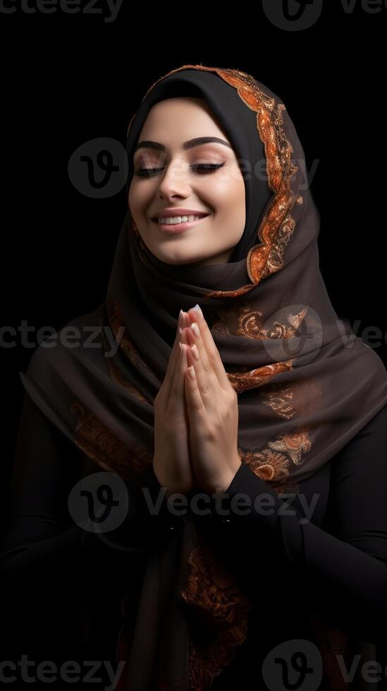 Arabic woman wearing scarf is praying and smiling on black background photo