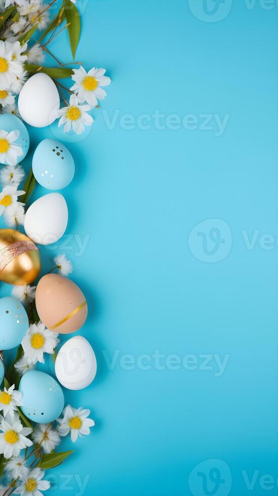 Colorful eggs with copyspace on blue background. Easter egg concept, Spring holiday photo
