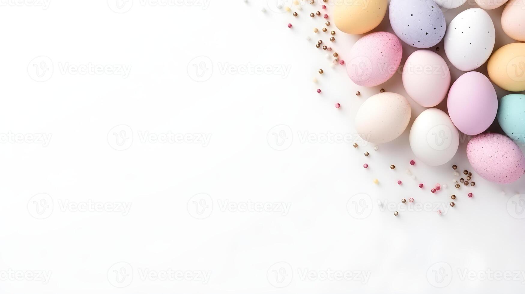 Colorful eggs with copyspace on white background. Easter egg concept, Spring holiday photo