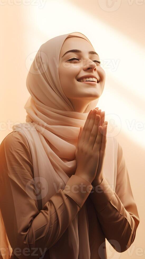 European woman wearing scarf is praying and smiling on brown background photo
