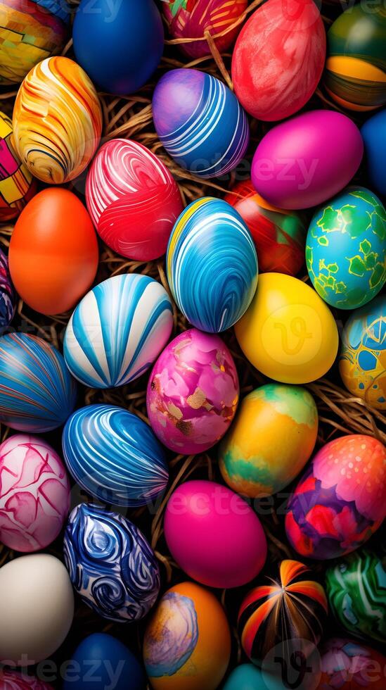 A basket of colorful eggs with copyspace on wooden floor. Easter egg concept, Spring holiday photo
