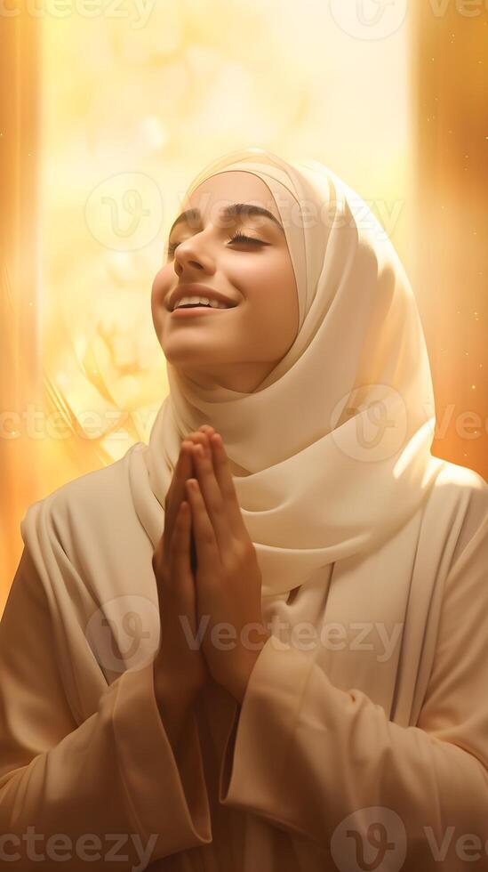 Arábica mujer vistiendo bufanda es Orando y sonriente en marrón antecedentes foto