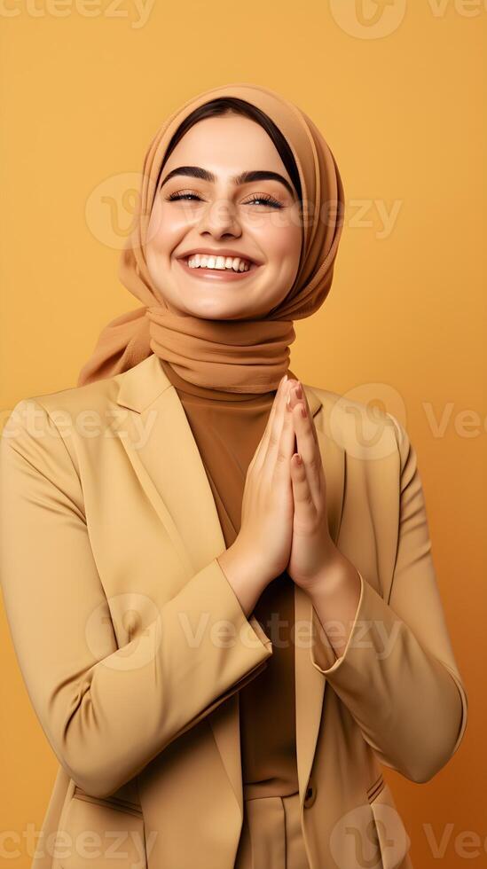 European woman wearing scarf is praying and smiling on orange background photo