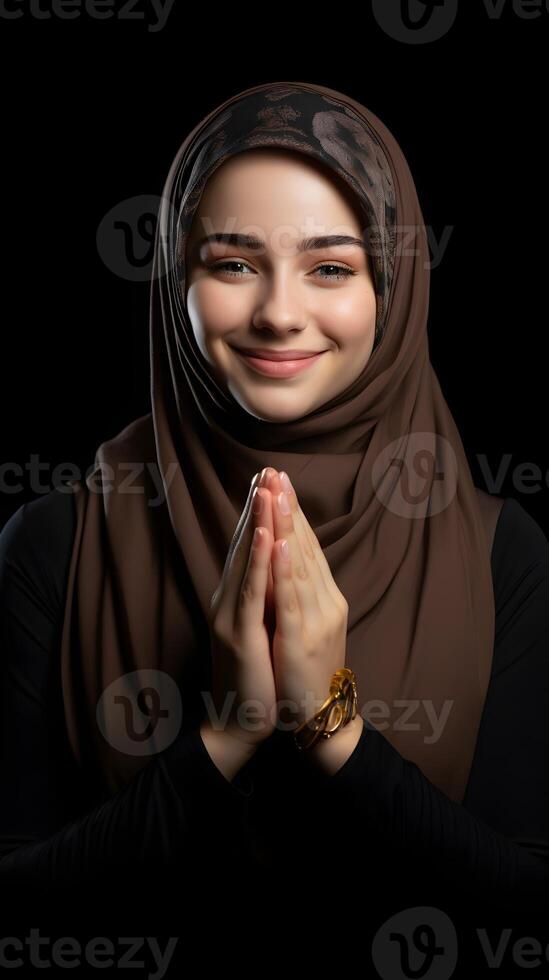 europeo mujer vistiendo bufanda es Orando y sonriente en negro antecedentes foto