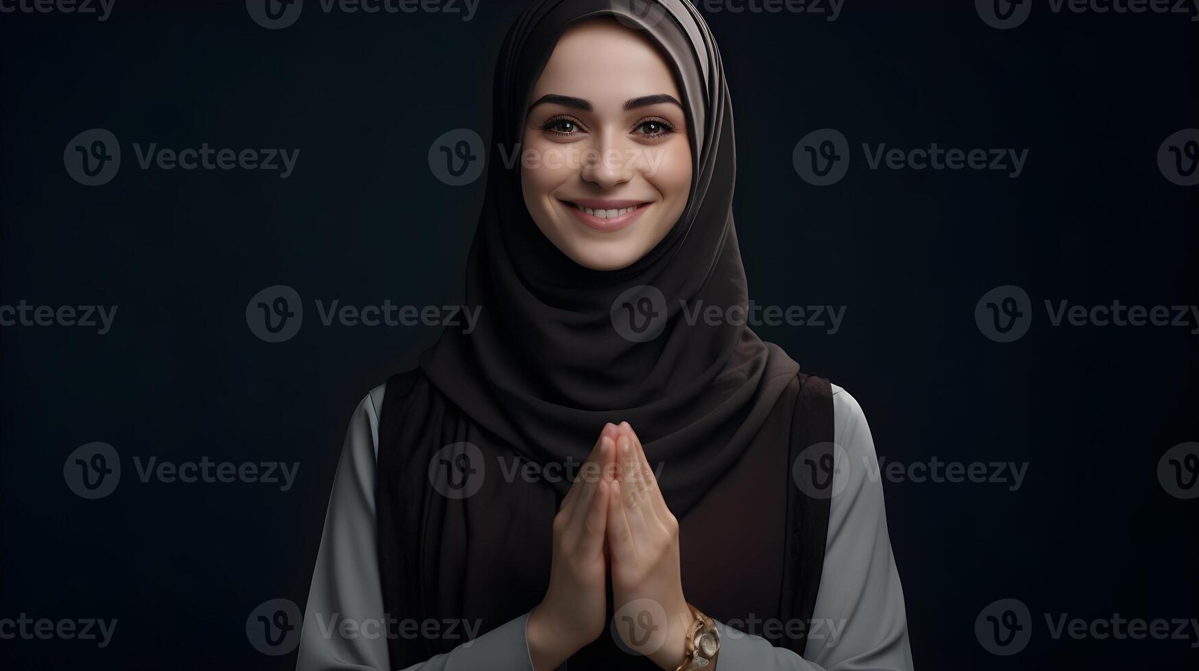 European woman wearing scarf is praying and smiling on black background photo