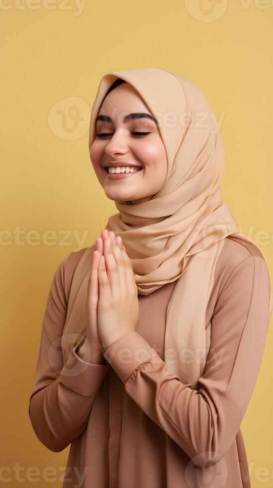 European woman wearing scarf is praying and smiling on brown background photo
