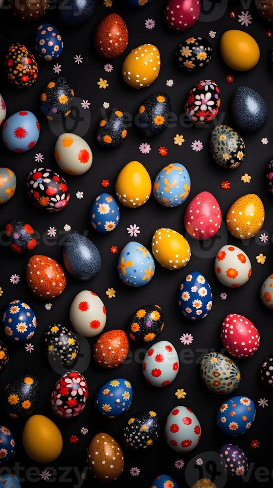 Colorful eggs with copyspace on black background. Easter egg concept, Spring holiday photo