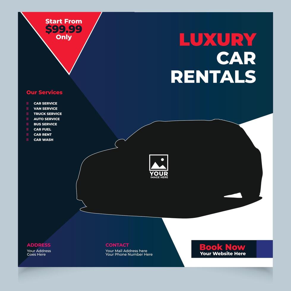 Car social media post template, rent a car social media banner design, editable social media marketing square flyer poster vector