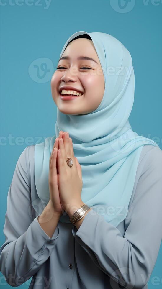 Southeast asian woman wearing scarf is praying and smiling on blue background photo