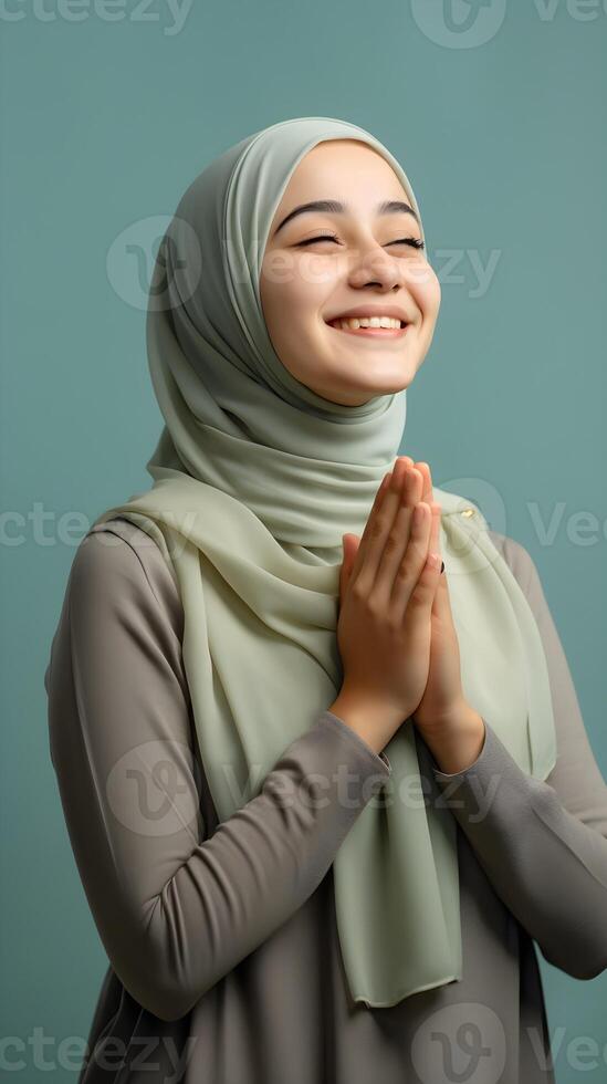 Southeast asian woman wearing scarf is praying and smiling on green background photo
