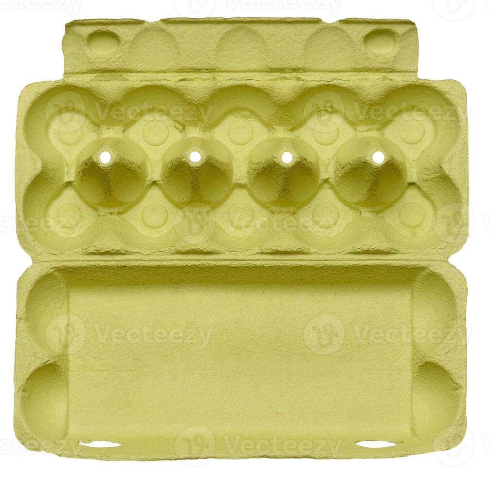 Green recycled egg carton box on isolated background, storage. photo