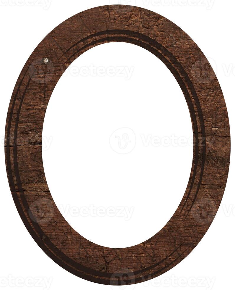 Empty oval wooden frame for paintings and photos on isolated background.