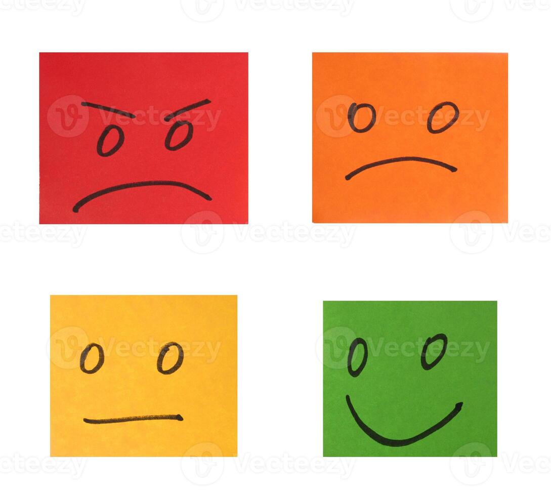 Multi-colored paper stickers with emotions on a white background, evaluation photo