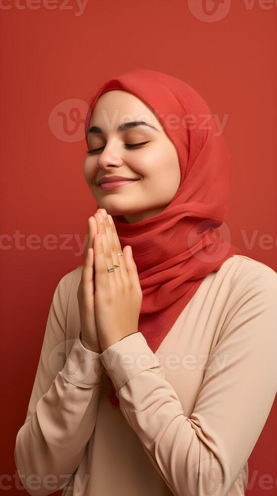 European woman wearing scarf is praying and smiling on red background photo