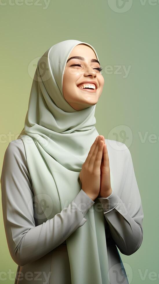 Arabic woman wearing scarf is praying and smiling on green background photo