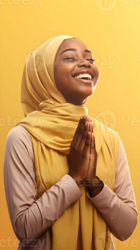 African woman wearing scarf is praying and smiling on yellow background photo