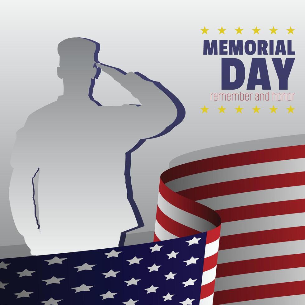 Memorial Day poster with a male soldier was saluting a flying flag vector