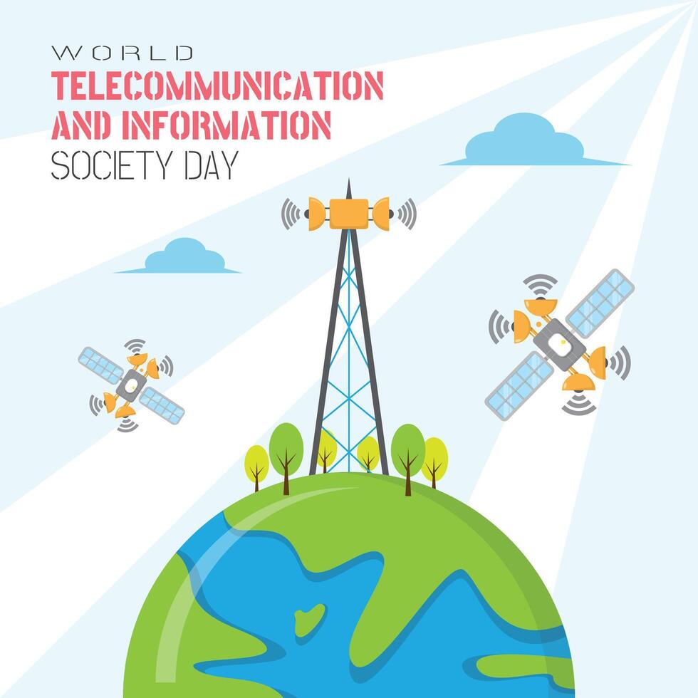 World Telecommunication and Information Society Day poster with the satellite sends a signal to the receiving tower vector